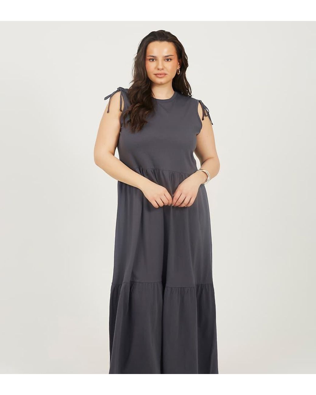 Brave Soul Blue Curve Cotton Ruched Shoulder Tiered Maxi Dress