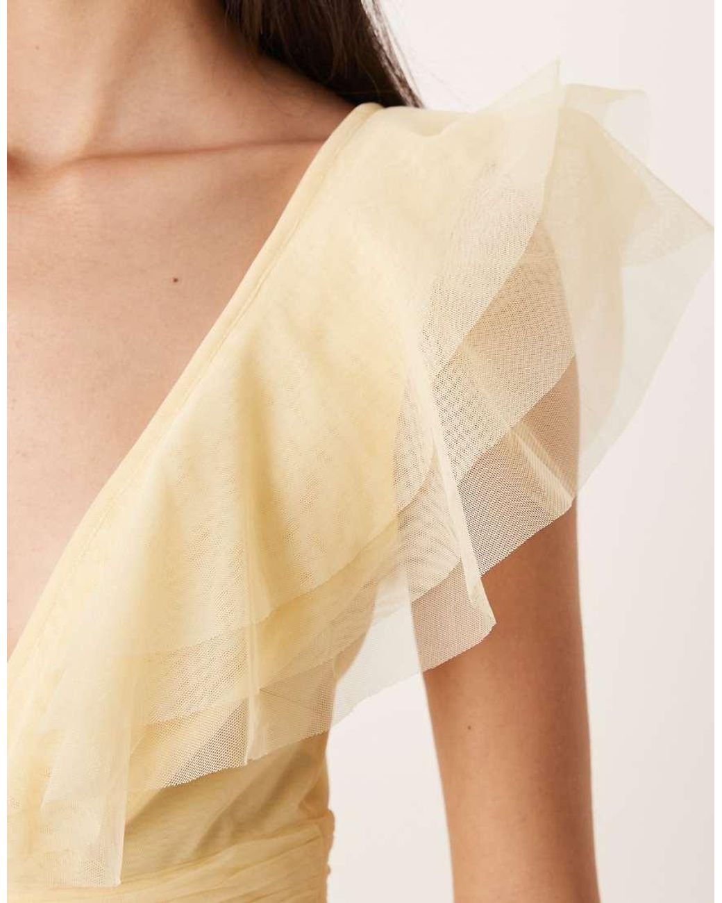 LACE & BEADS Natural Tulle Flutter Sleeve Tiered Frill Maxi Dress