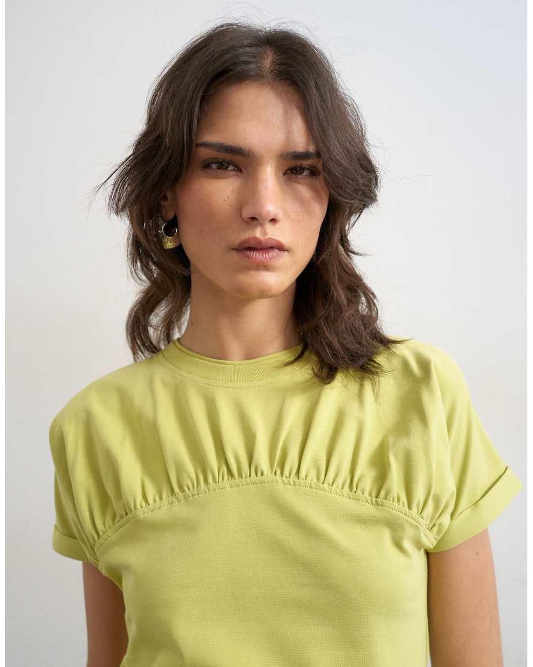 TOPSHOP Yellow Gathered Yoke Cap Sleeve T-shirt