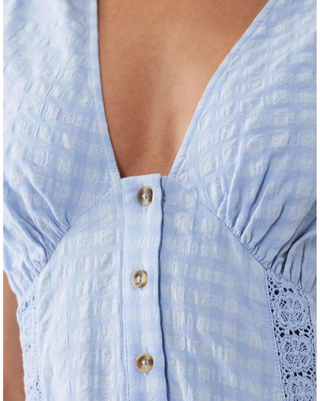 ASOS Blue V Neck Button Down Mini Dress With Lace Trims And Godets