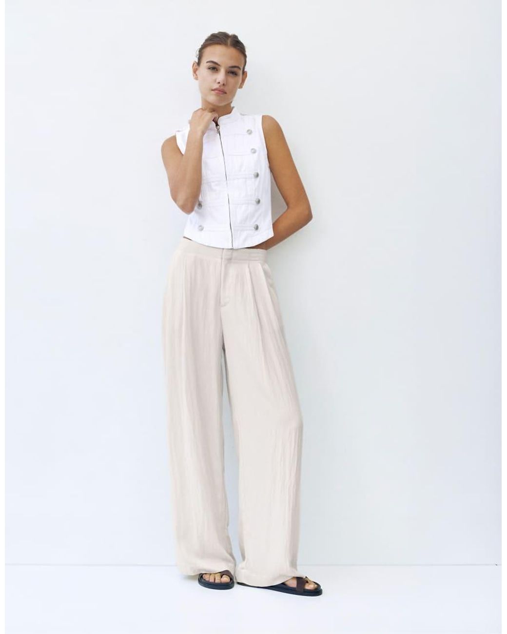 Pull&Bear Natural Elasticated Waist Wide Leg Tailored Trousers