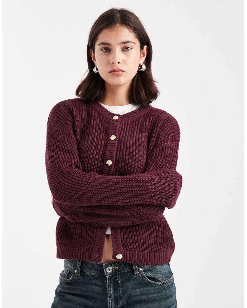 Brave Soul Red Fisherman Knit Cardigan With Gold Buttons And Pocket Detail