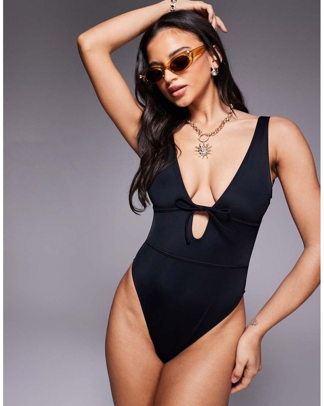 ASOS Blue Maya Bora Bora Tie Front Low Back Swimsuit