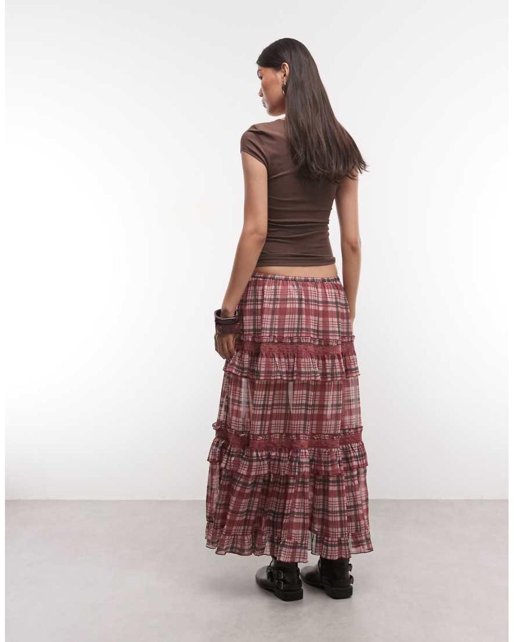 Reclaimed Vintage Red Chiffon Check Maxi Skirt