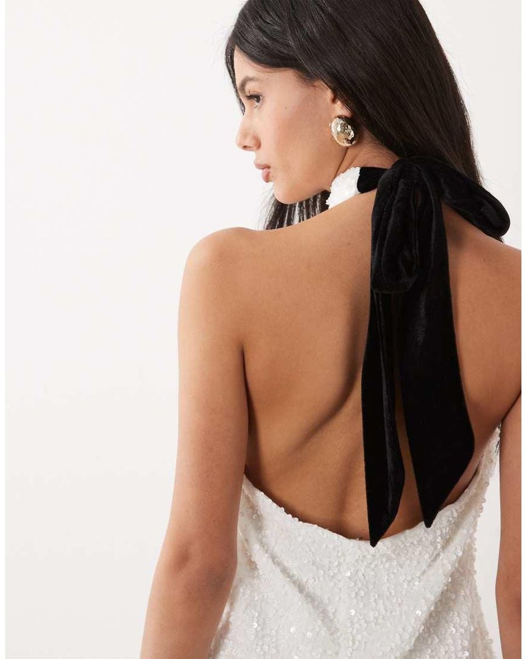 Threadbare White Sequin High Neck Mini Dress With Velvet Bow Detail