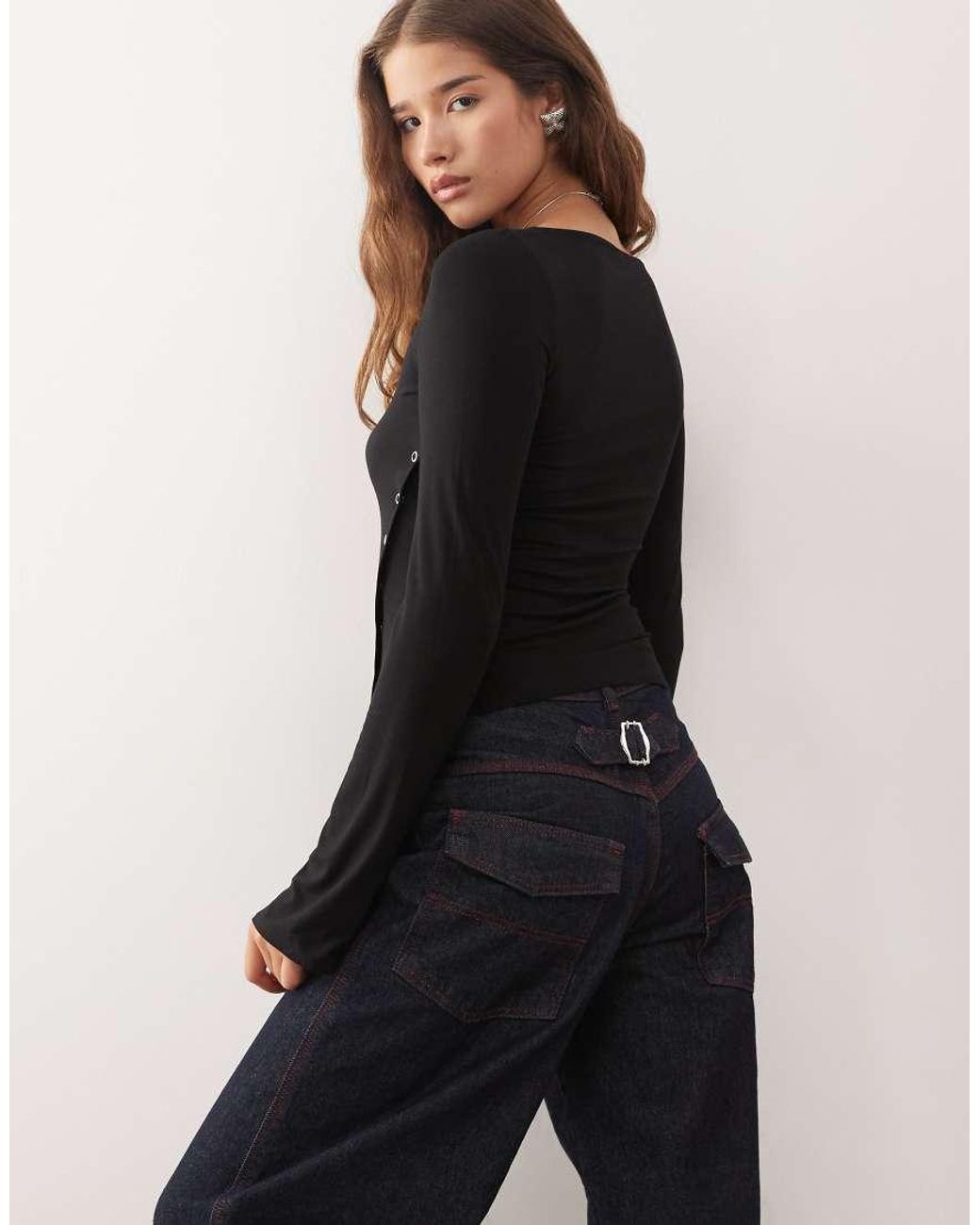 Weekday Black Boat Neck Long Sleeve Top With Eyelet Split Hem Detail