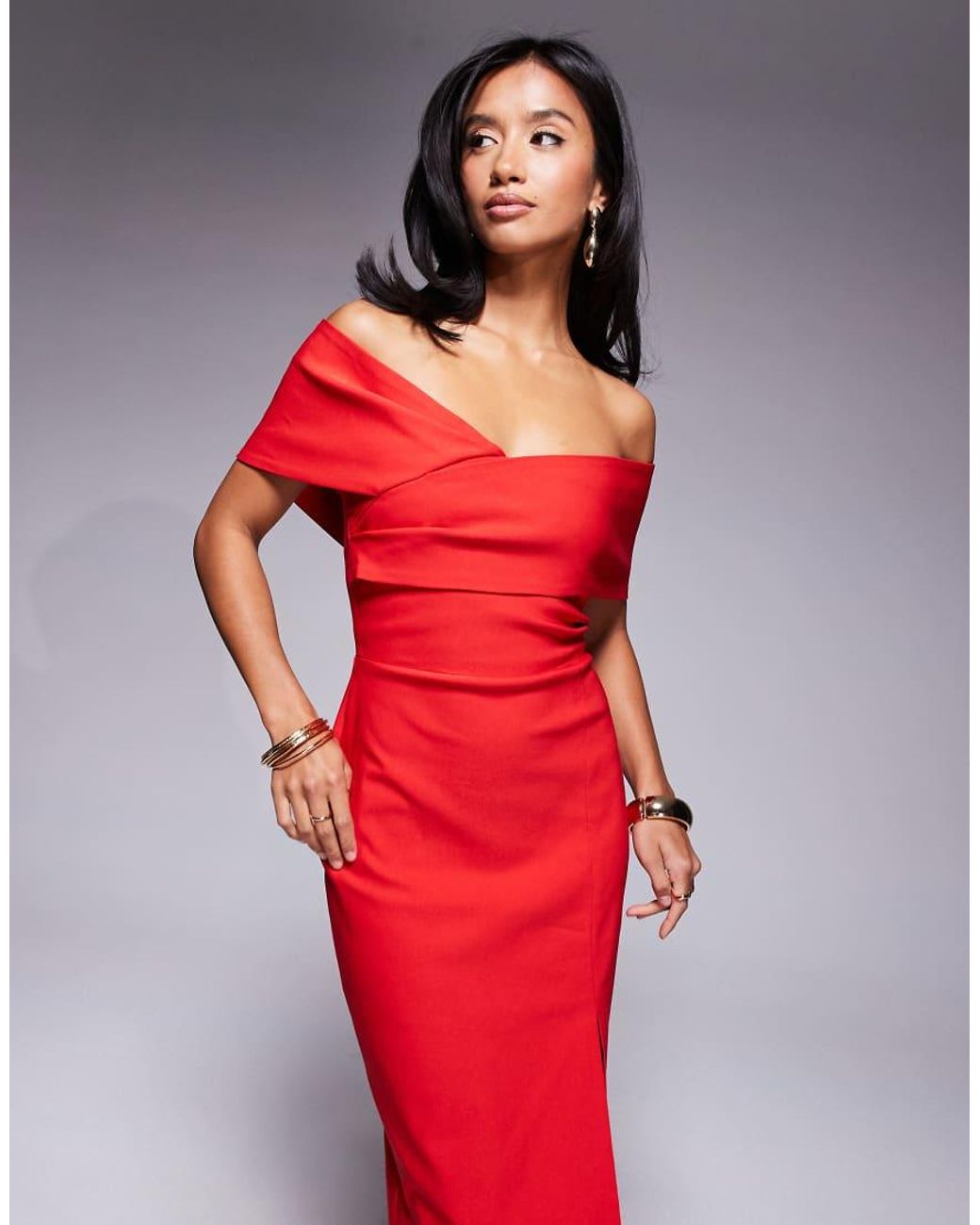 Vestido Largo Con Escote Bardot Cruzado En La Parte Delantera De Bengalina De Vesper Petite de color Red