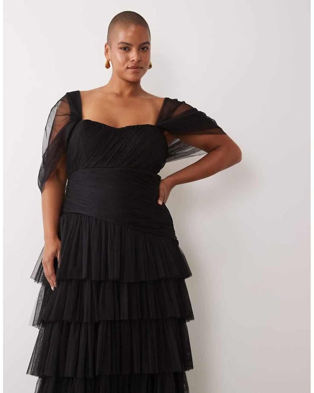 Lace & Beads Plus Black Tulle Fallen Shoulder Asymmetric Ruffle Detail Maxi Dress