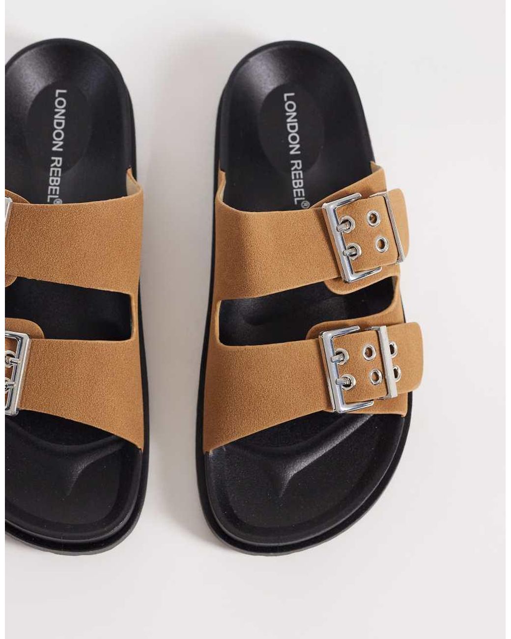 London Rebel Brown Morgan Double Buckle Flat Sandals