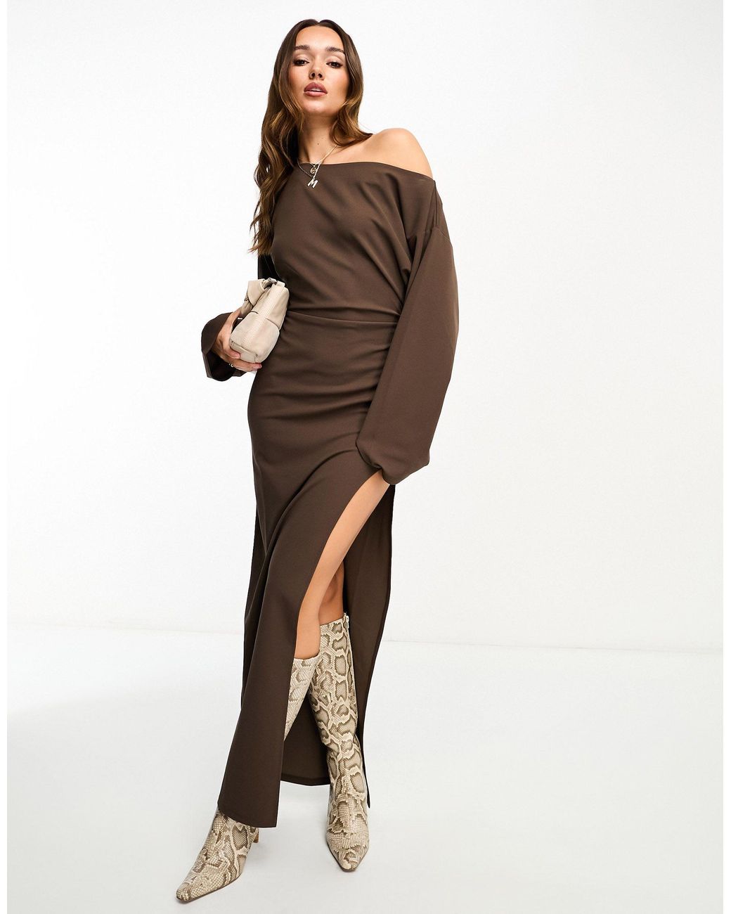 NA KD X Hanna Schonberg Draped Neck High Slit Maxi Dress in Brown Lyst Canada