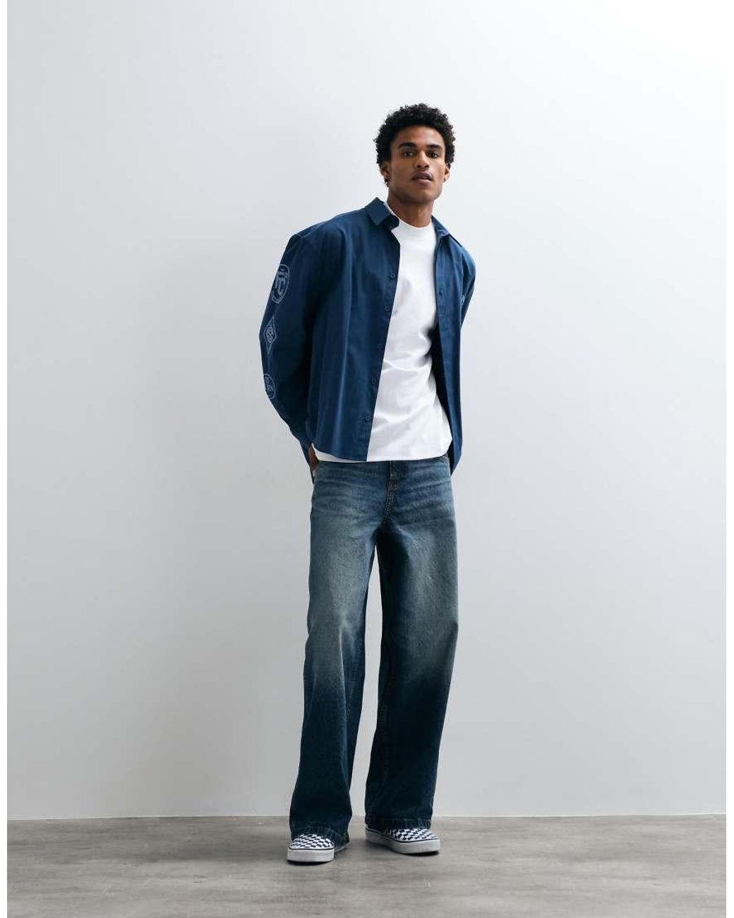 ASOS Blue Oversized Poplin Shirt With Placement Prints for men