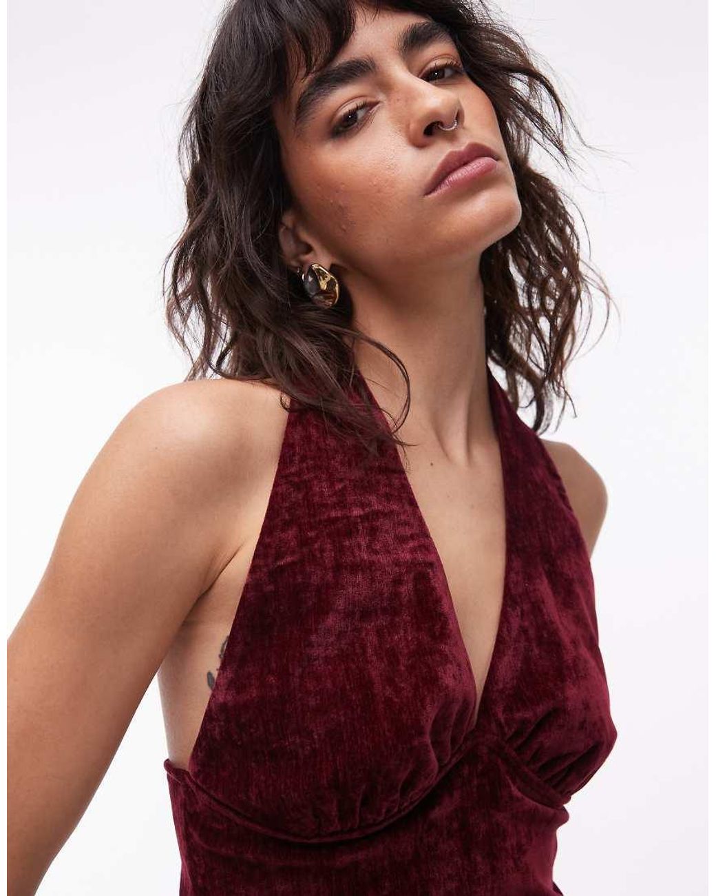 ASOS Red Textu Velvet Halterneck Top