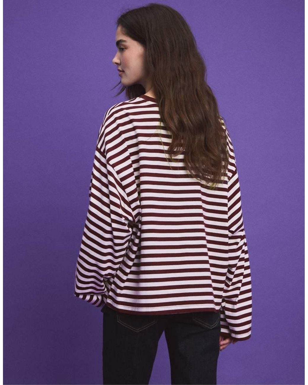 Stradivarius Purple Oversize Striped Long Sleeve T-Shirt