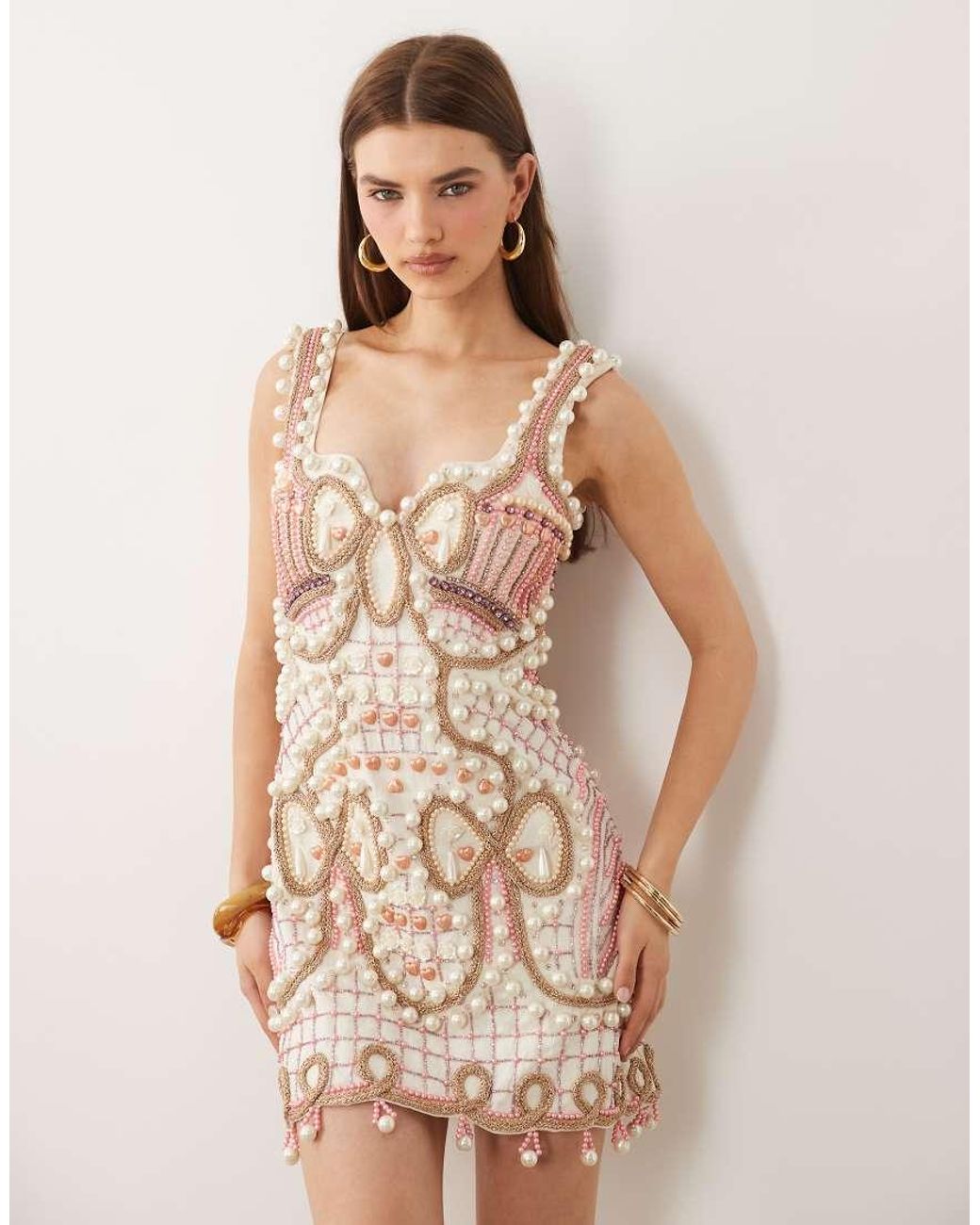 ASOS Natural Embellished Square Neck Mini Dress