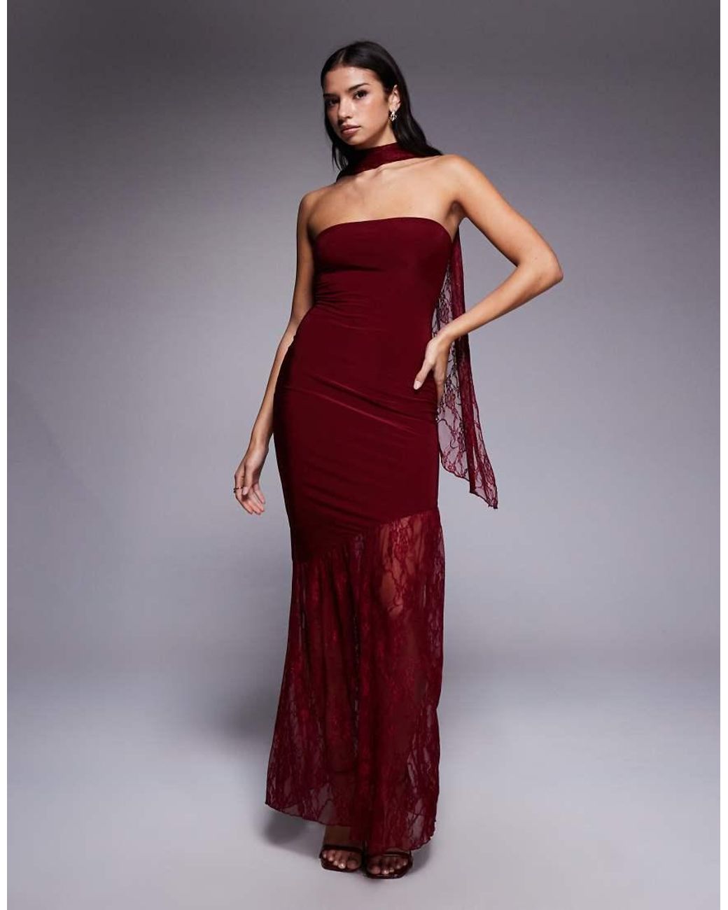 Fashionkilla Red Exclusive Double Sculpted Slinky Bandeau Sheer Lace Hem Scarf Detail Maxi Dress