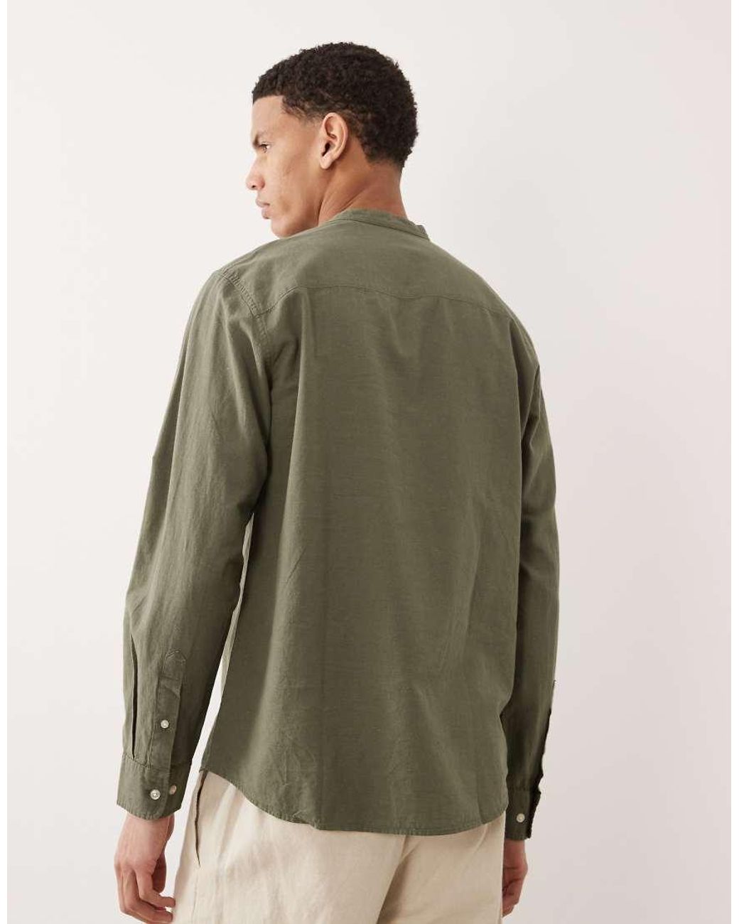 Jack & Jones Green Linen Blend Shirt With Grandad Collar for men