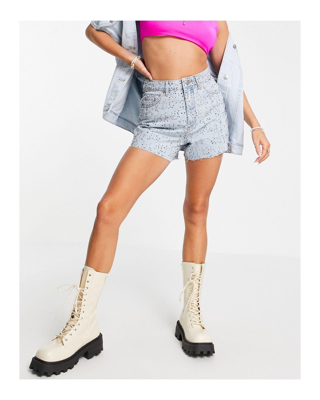 TOPSHOP Raindrop Diamante Denim Shorts 