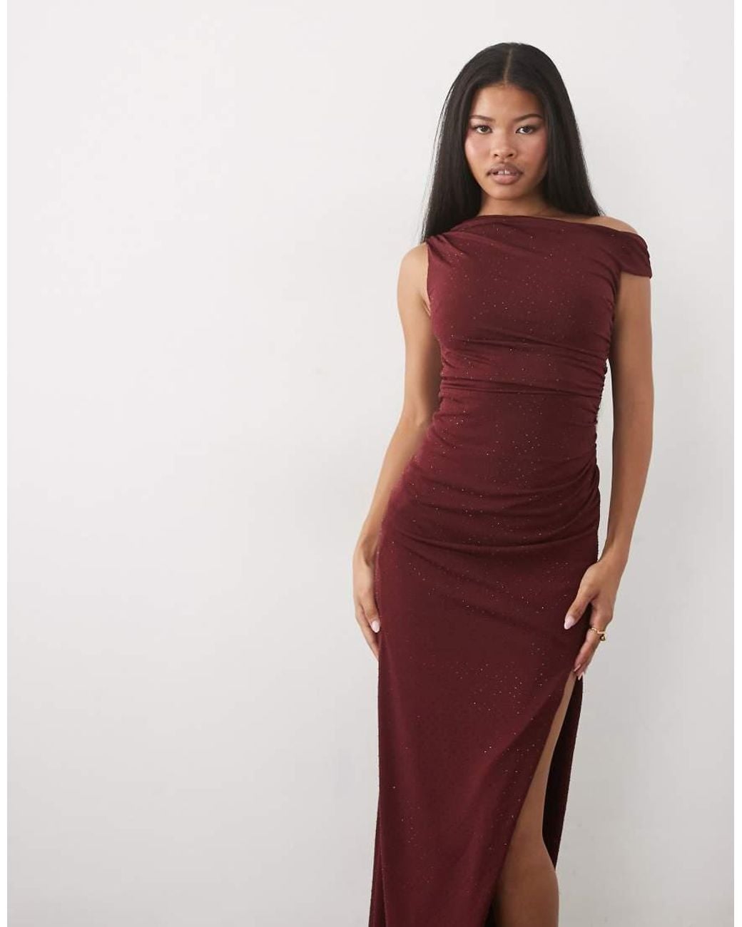 TFNC London Red Hotfix Fallen Shoulder Thigh High Split Maxi Dress