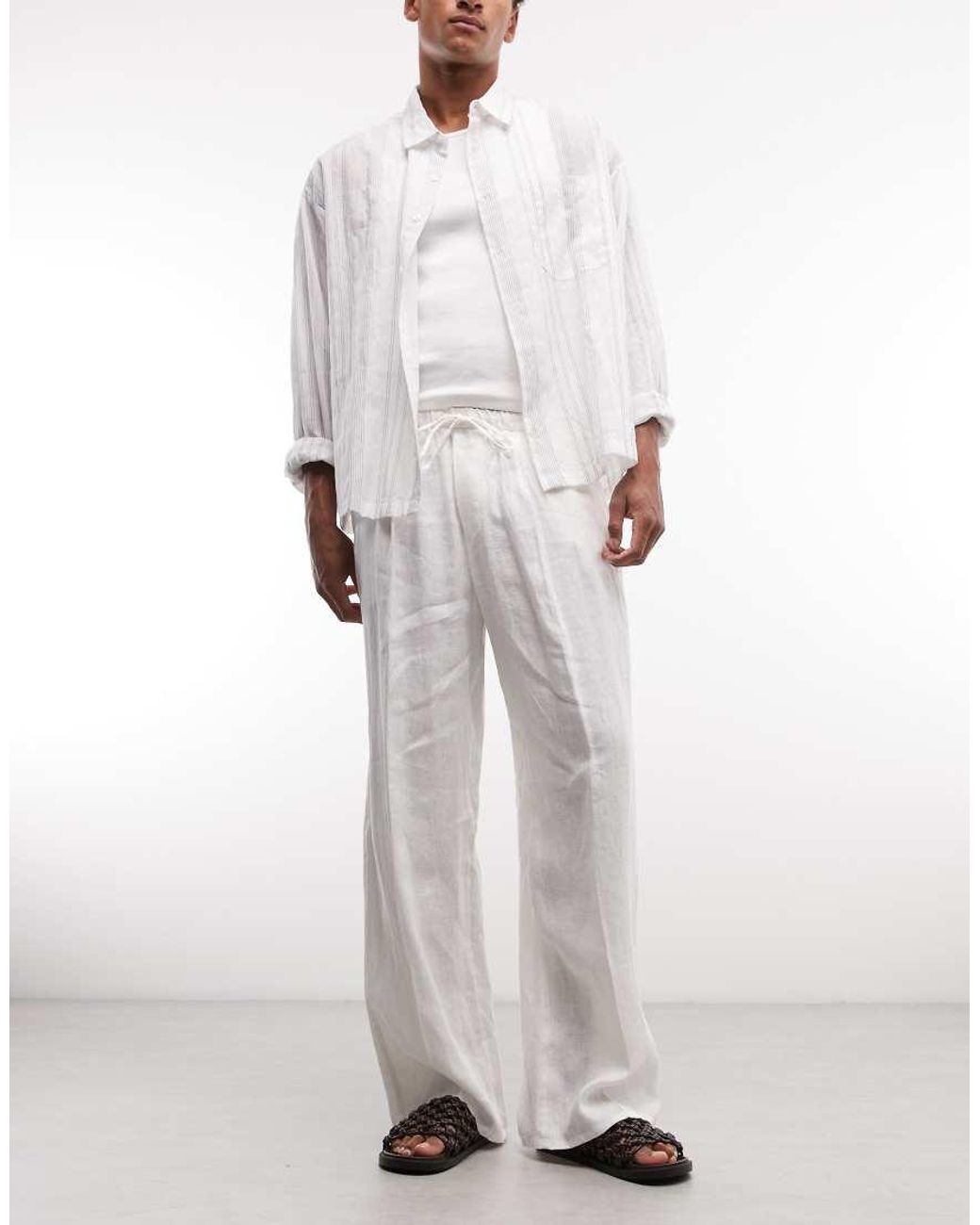 Weekday White Loose Fit Linen Trousers for men
