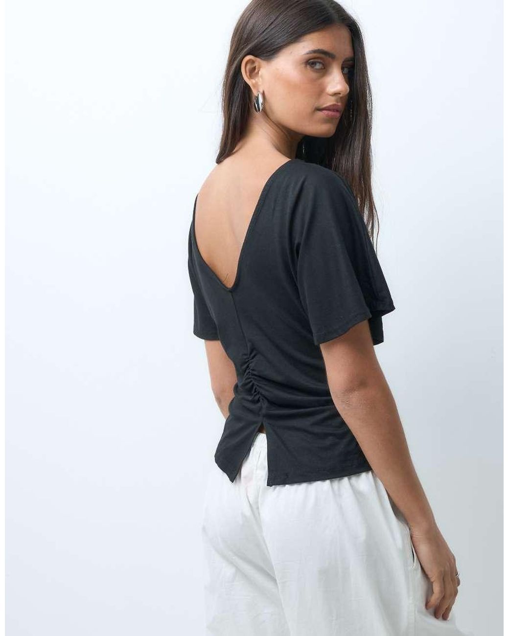 ASOS Black Cinch Waist Angel Sleeve Tee With V Back Detail