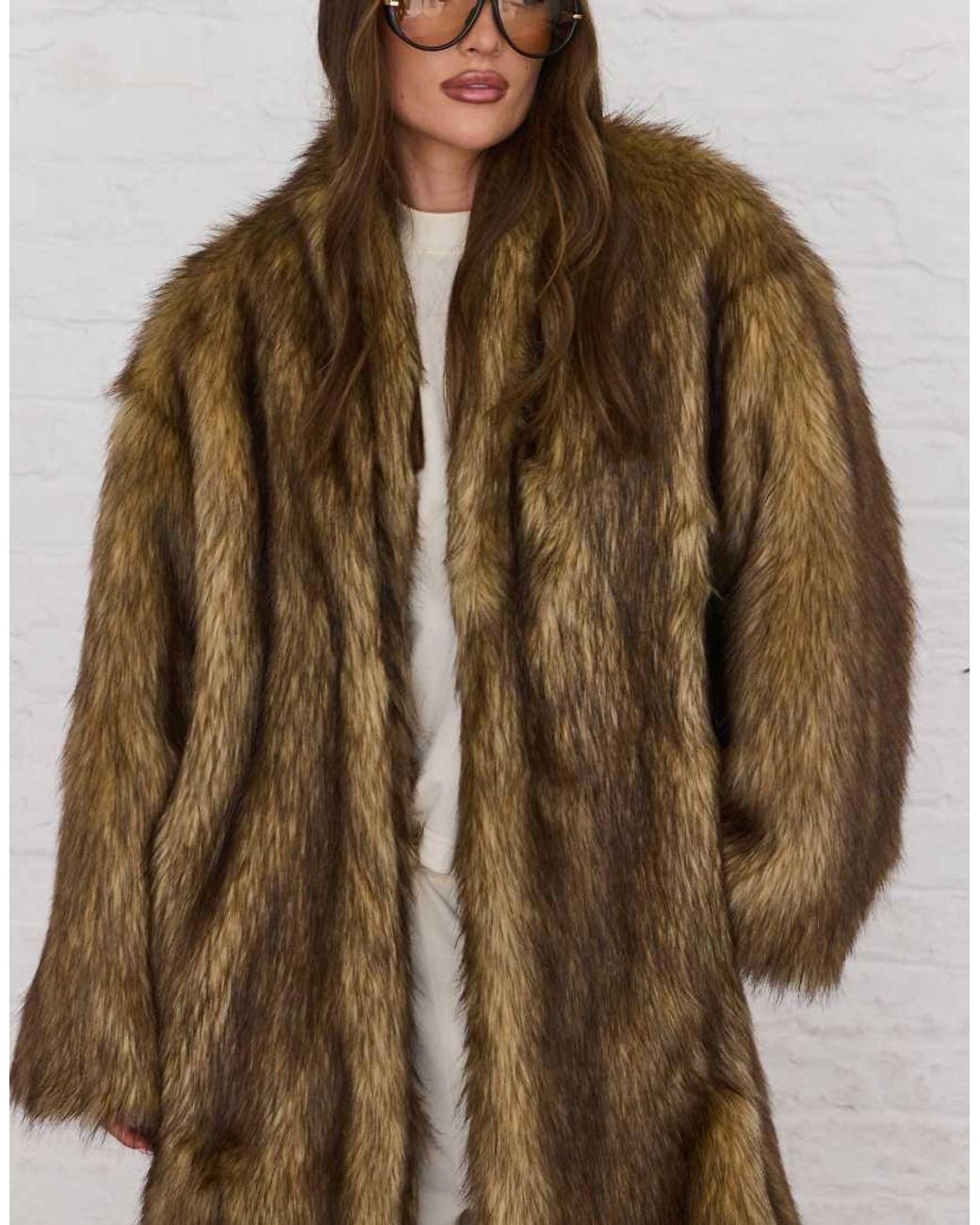 Aria Cove Brown Faux Fur Collarless Oversized Longline Coat