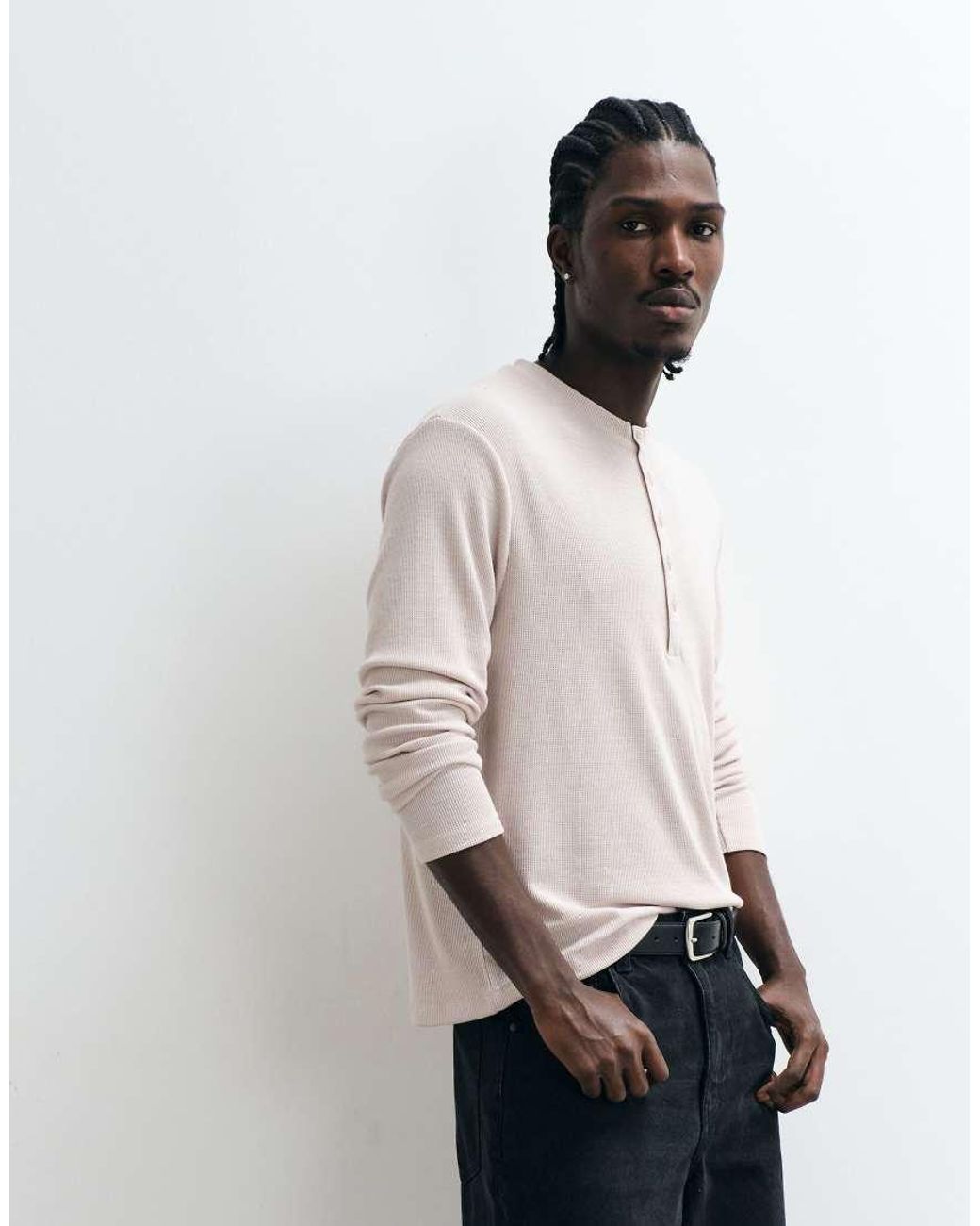 ASOS Natural Heavyweight Boxy Regular Fit Long Sleeve T-shirt With Henley Neck for men