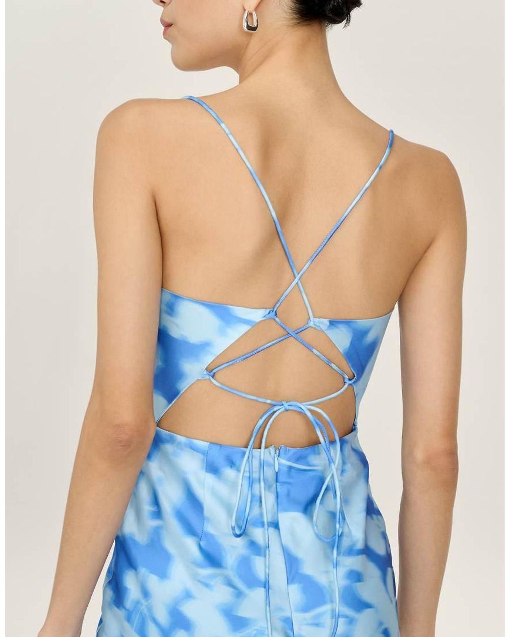 OMNES Blue Dresses Riviera Satin Floral Midi Dress With Lace-Up Back
