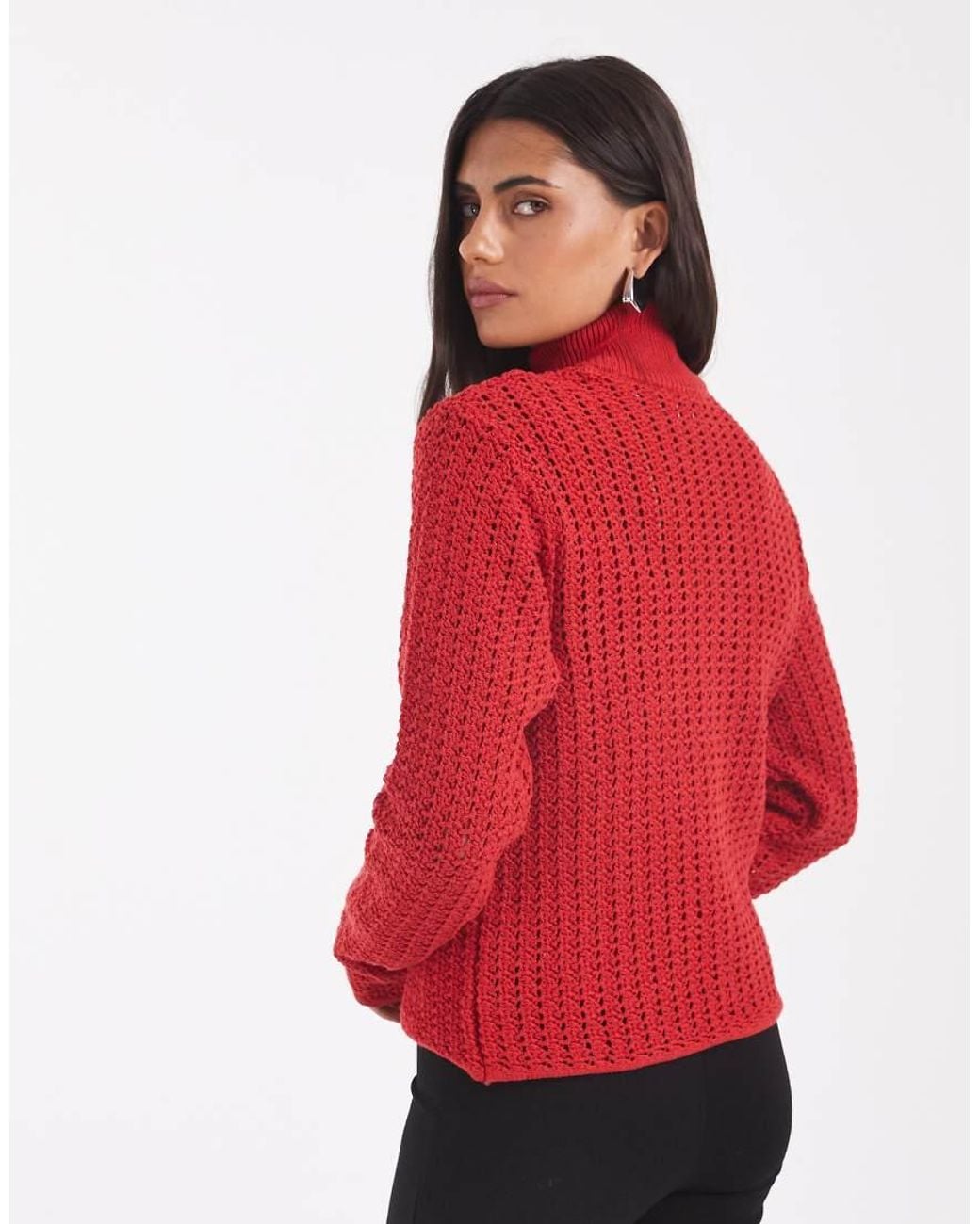 ASOS Red Crochet Knit Funnel Neck Zip Up Jacket