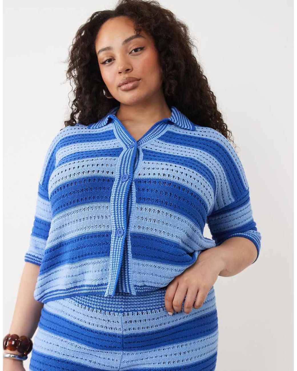 ASOS Blue Asos Design Curve Sally Beach Knit Button Through Top Co Ord