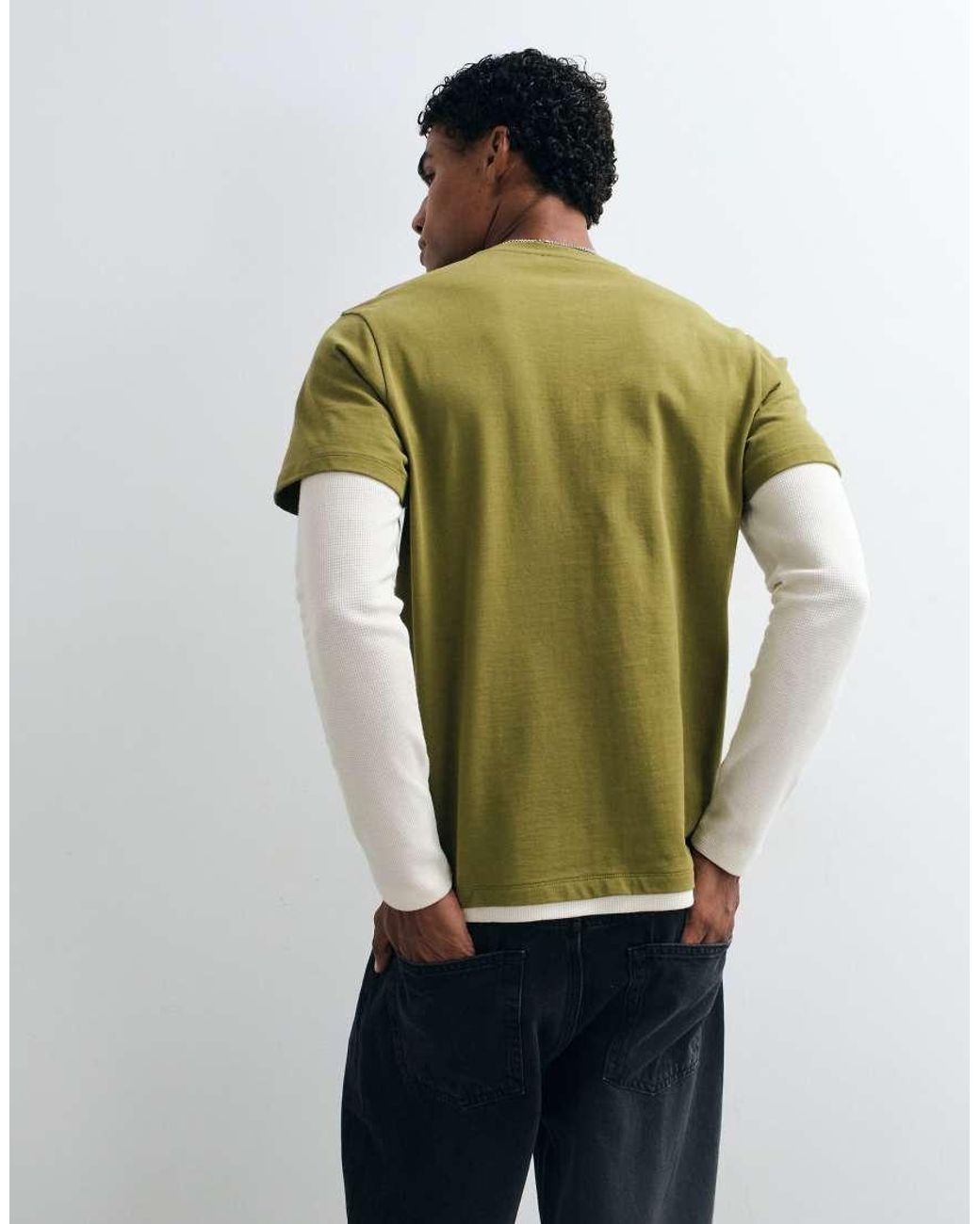 ASOS Green Regular Fit Long Sleeve T-Shirt With Henley And Double Layer for men