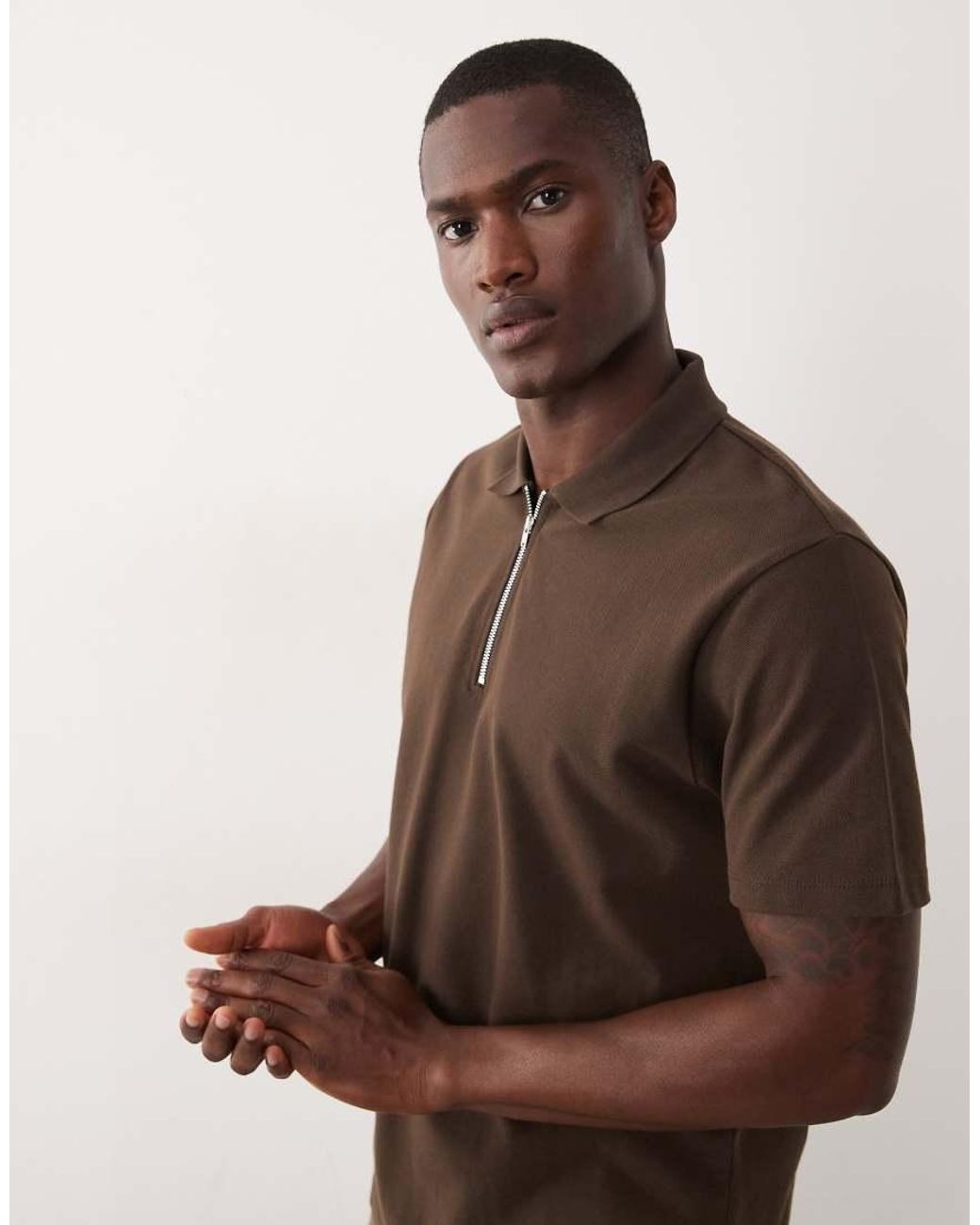 ASOS Brown Regular Fit Polo With Zip for men