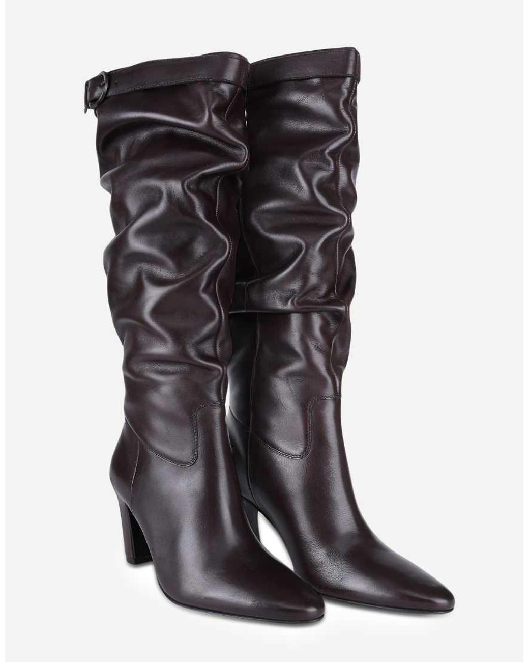 OFF THE HOOK Black Juno Leather Slouchy Knee-High Boots With Buckle Detail