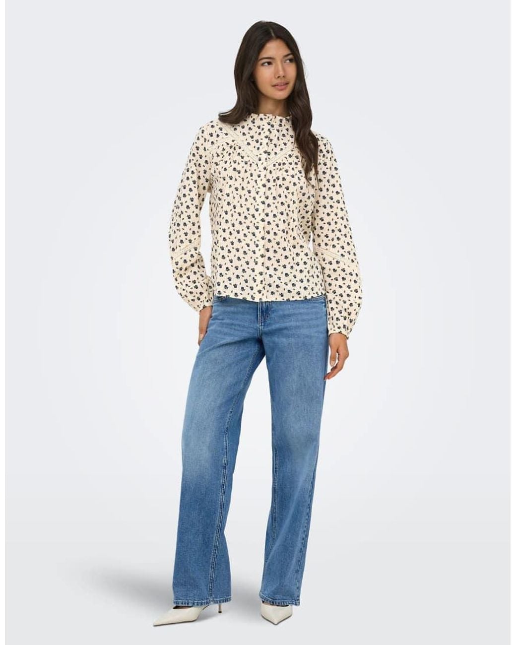 ONLY Blue Lucinda Lace China Collar Long Sleeve Shirt