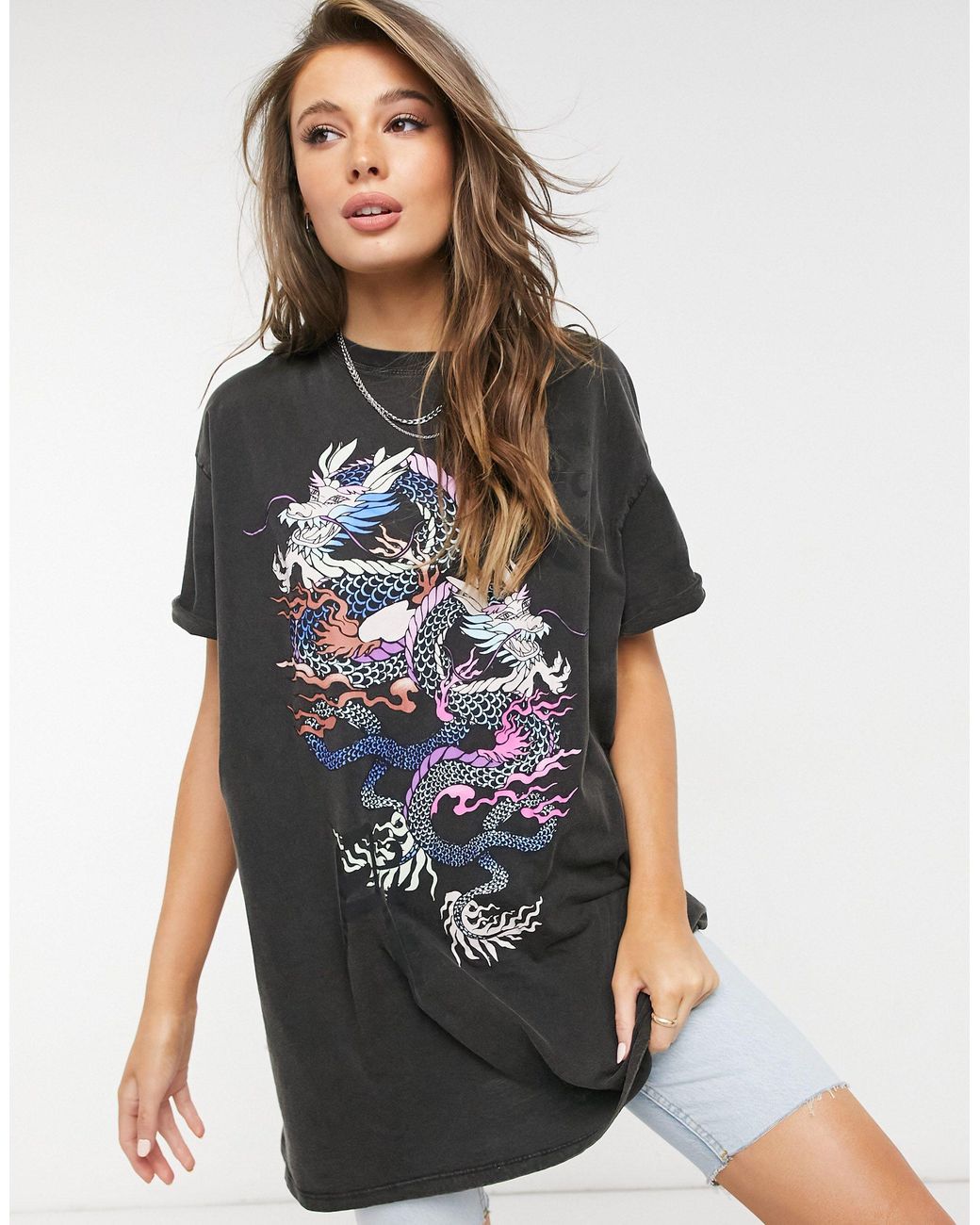 Bershka Acid Wash Dragon Oversized Printed T-shirt in Gray | Lyst