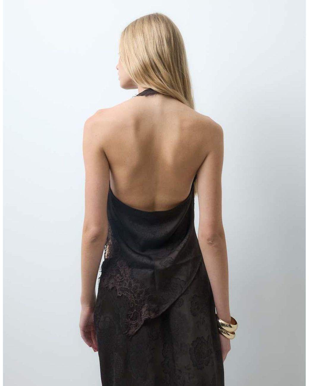 Vero Moda Gray Satin Halterneck Top With Lace Detail