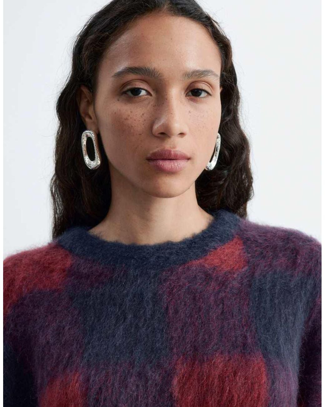 & Other Stories Blue Wool And Mohair Blend Checkerboard Hairy Jumper