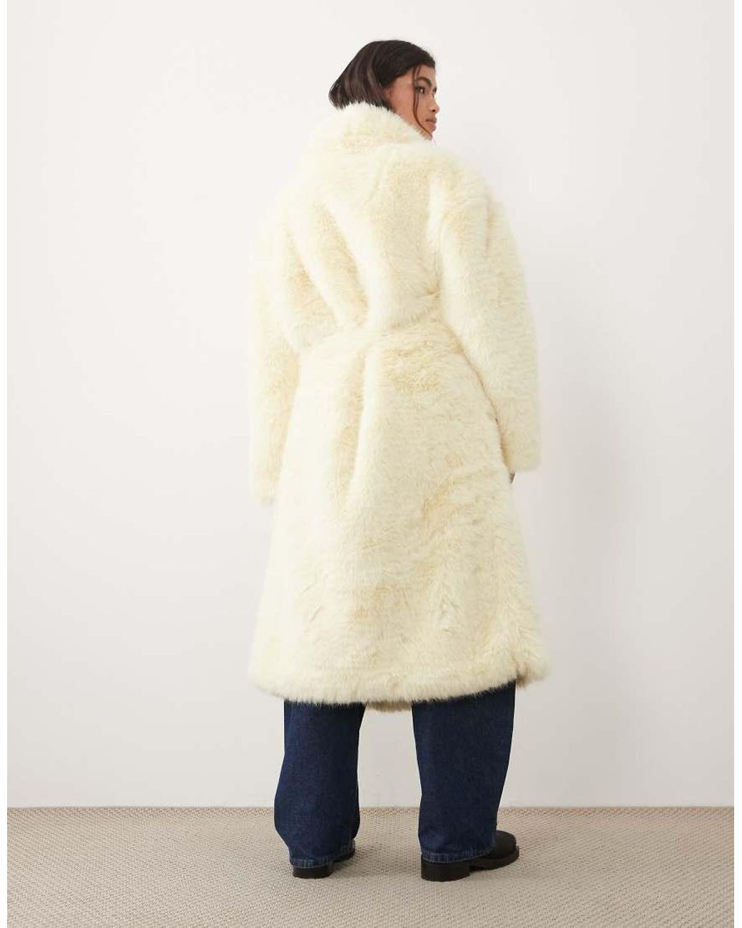 Kaiia Natural Faux Fur Collared Belted Maxi Coat