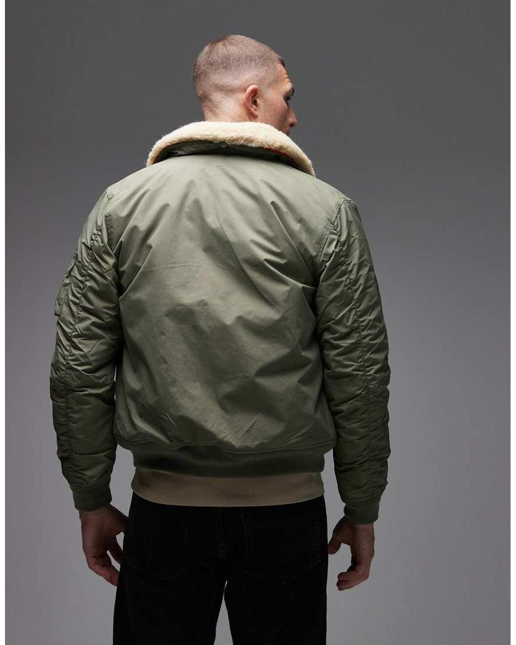 Schott Nyc Gray Logo Patch Zip Pocket Detail Cropped Padded Jacket With Faux Fur Collar for men