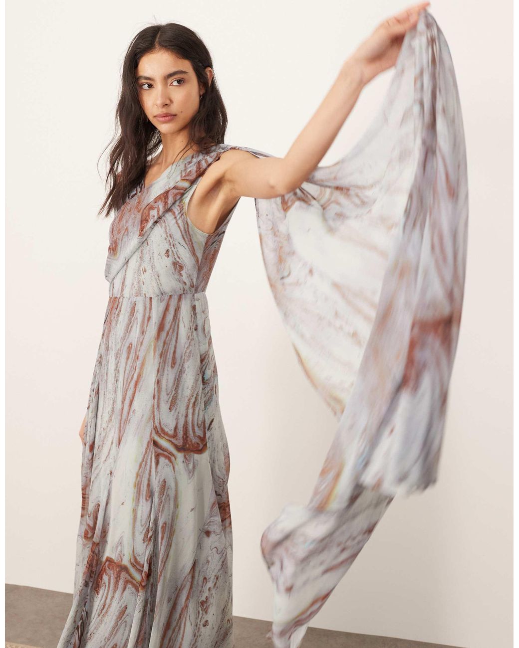 ARRANGE Chiffon Drape Maxi Dress With Scarf Detail in Natural | Lyst