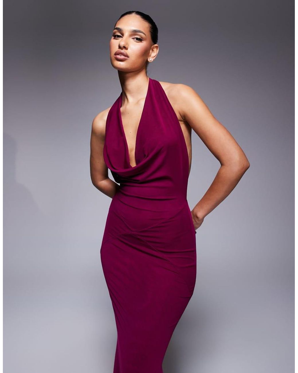 Murci Purple Exclusive Mesh Halterneck Open Back Cowl Neck Maxi Dress