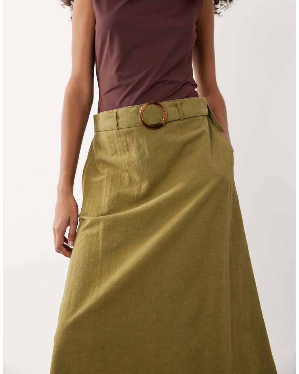 Jdy Green Linen Blend High Waist Belted Maxi Skirt