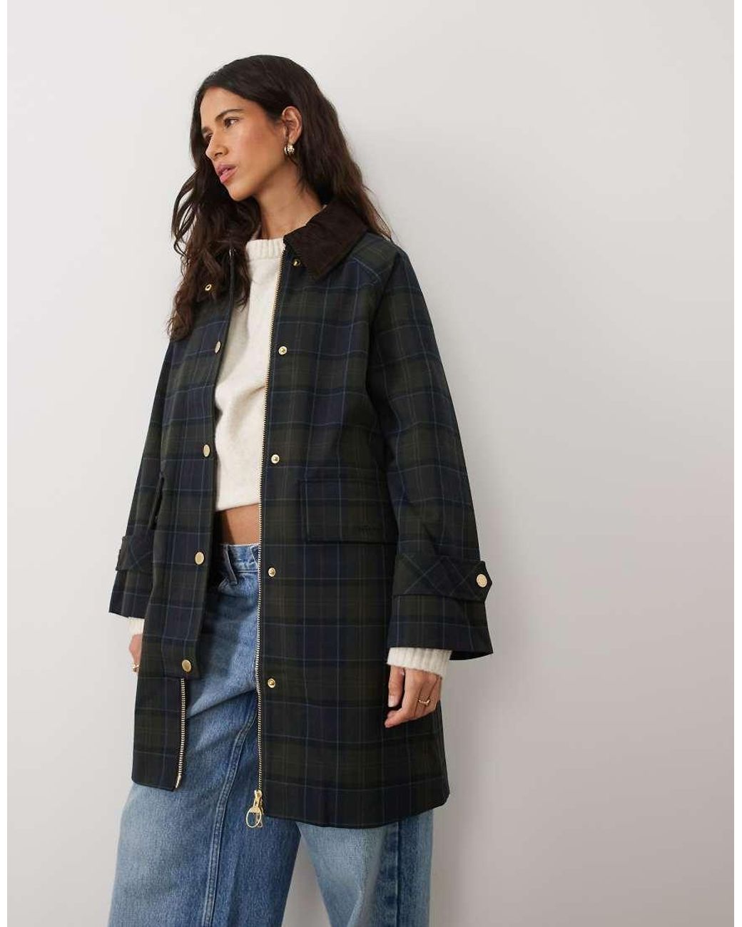 Barbour Blue Sally Showerproof Long Tartan Check Jacket