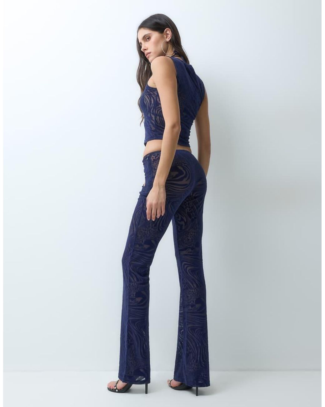 I.AM.GIA Blue Amina Sheer Mesh Devore Floral Cutout Pants Co-ord