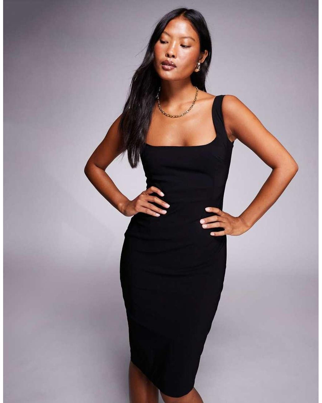 Vesper Petite Black Square Neck Bodycon Midi Dress