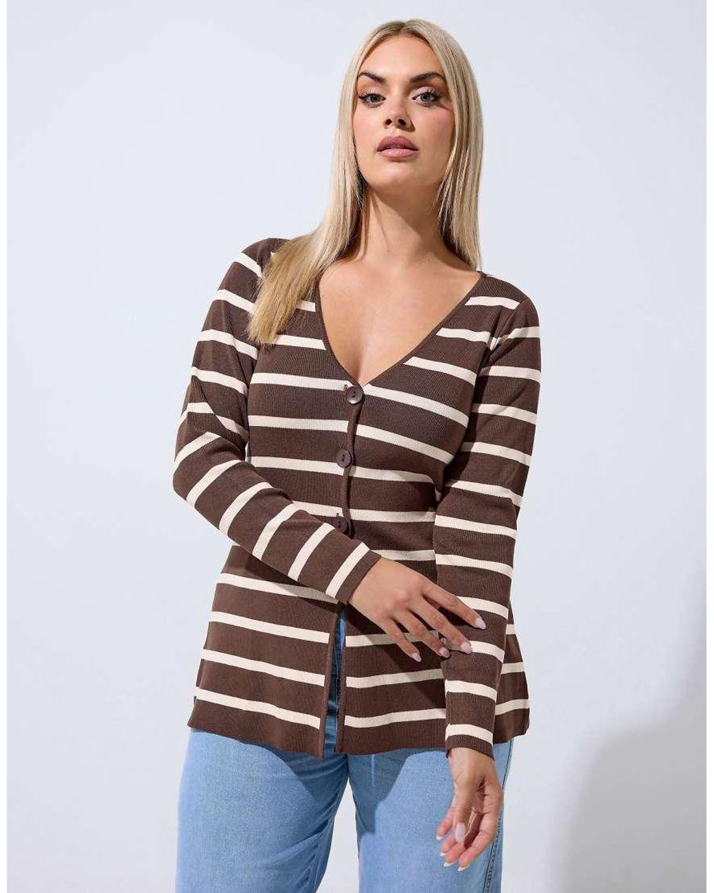 Yours Clothing Brown Stripe Flare Hem Cardigan