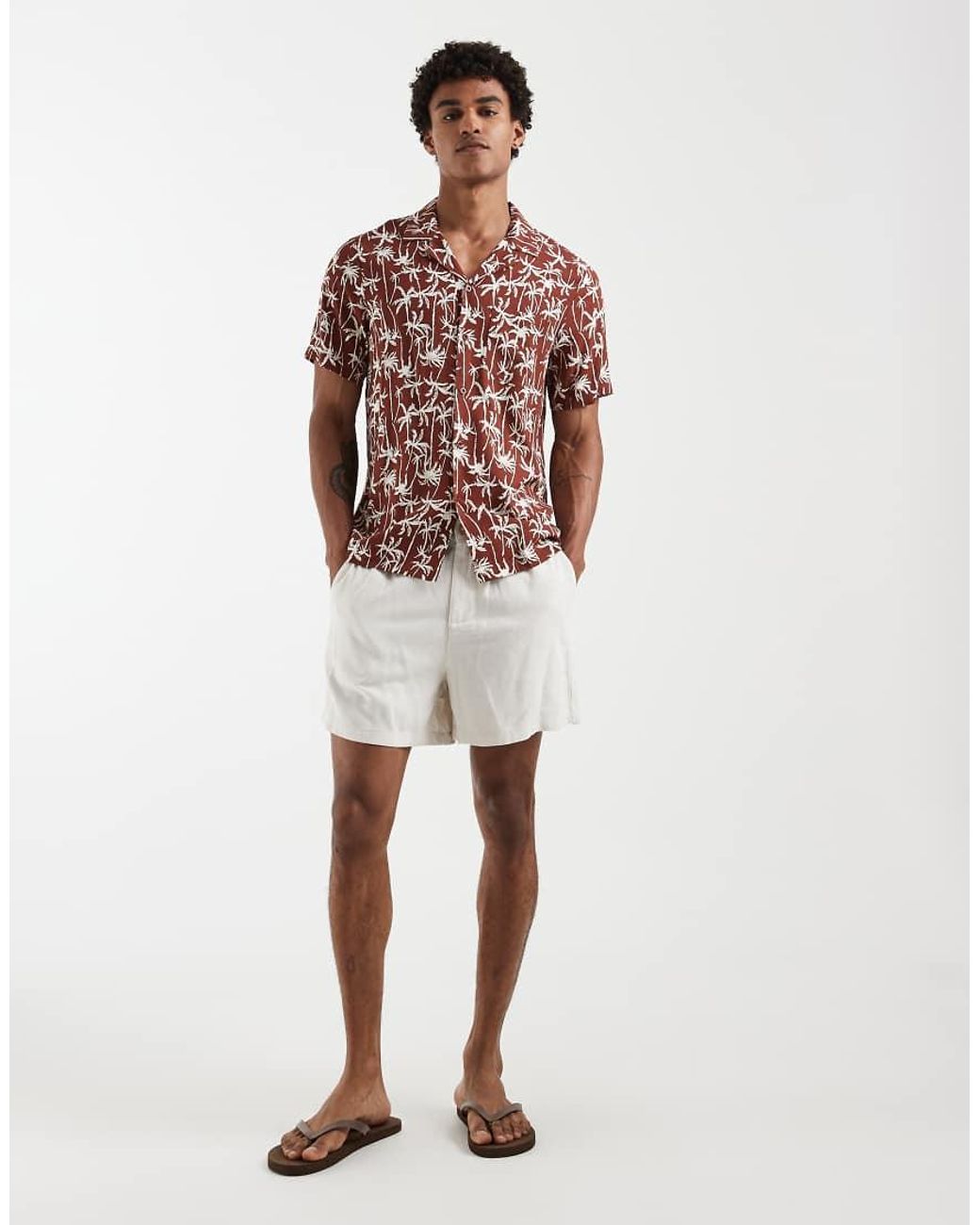 South Beach Red Palm Print Revere Shirt for men