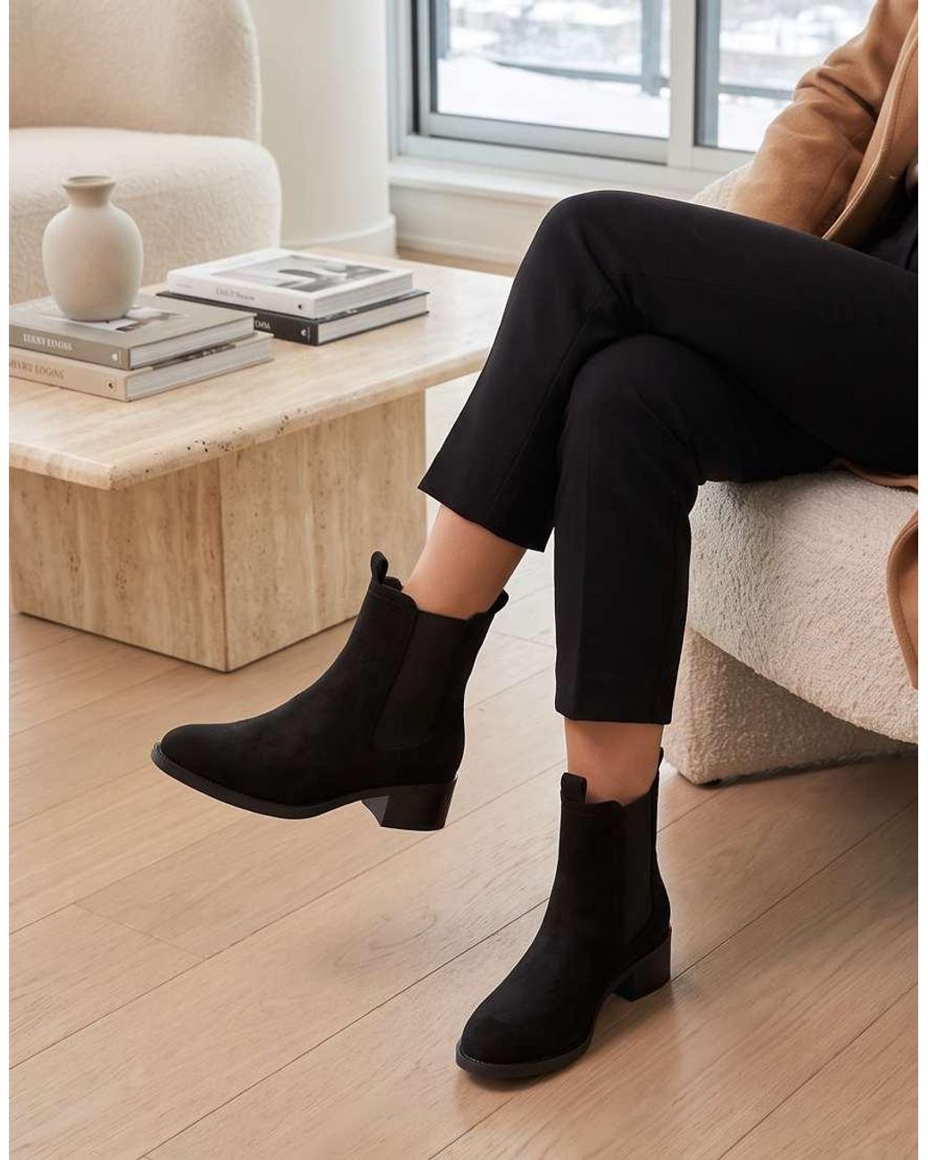 SEQWL Black Chelsea Ankle Booties Low Block Heel With Elastic Panels