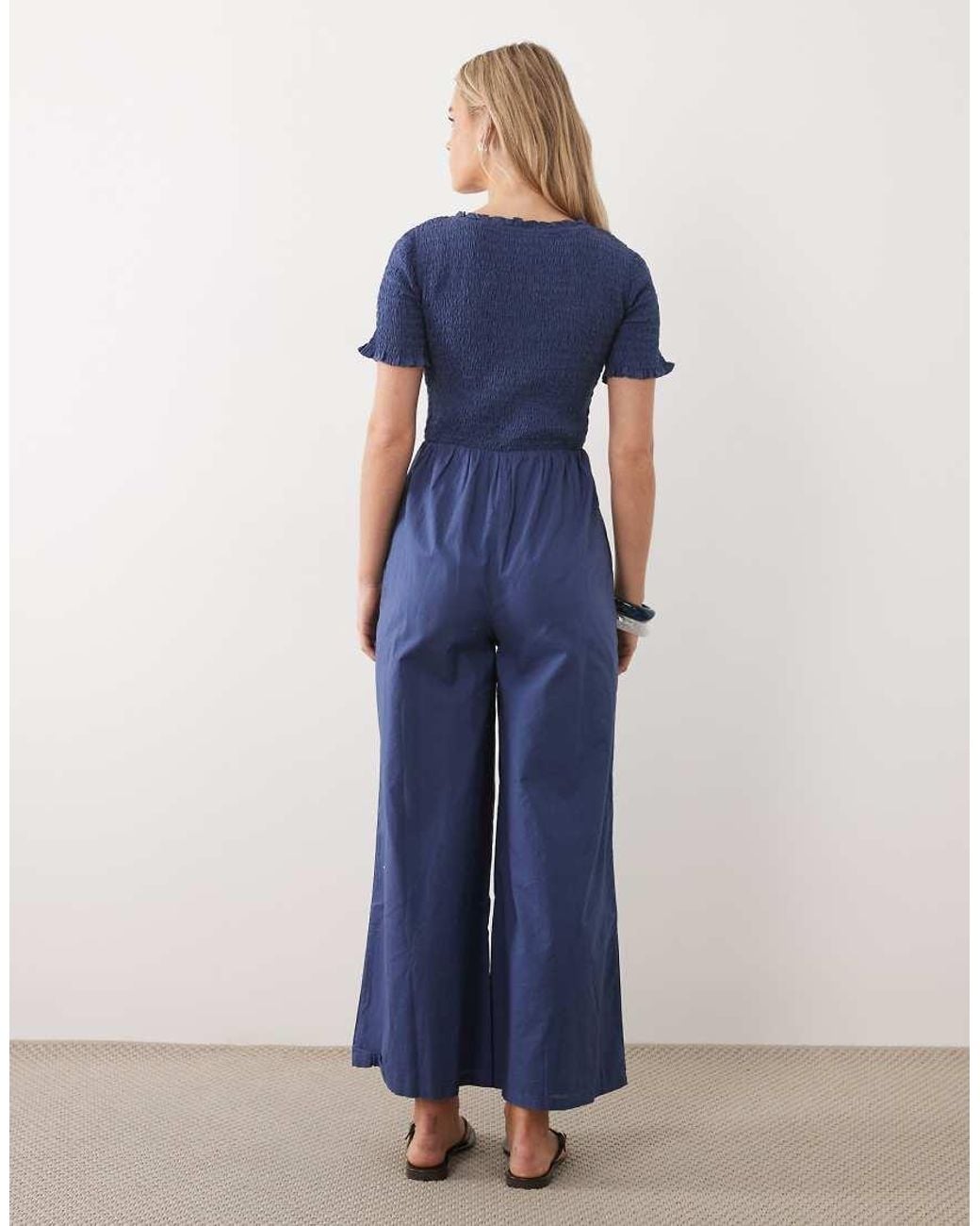 Nobody's Child Petite Blue Zita Cotton Short Sleeve Shirred Bodice Wide Leg Jumpsuit