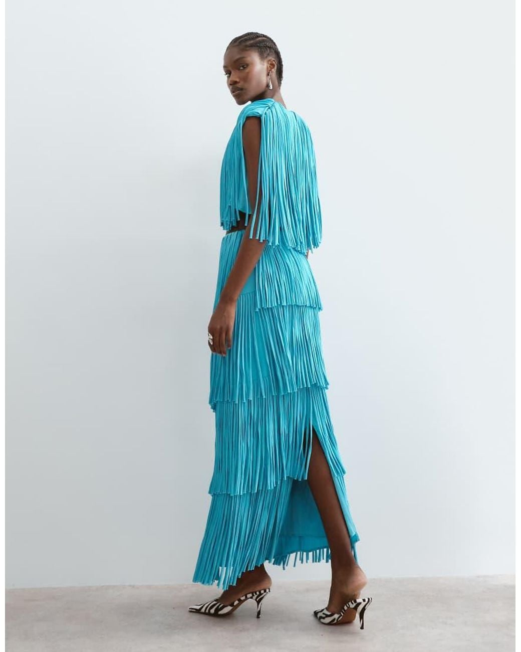 ARRANGE Blue Tiered Fringe Fitted Maxi Skirt Co Ord