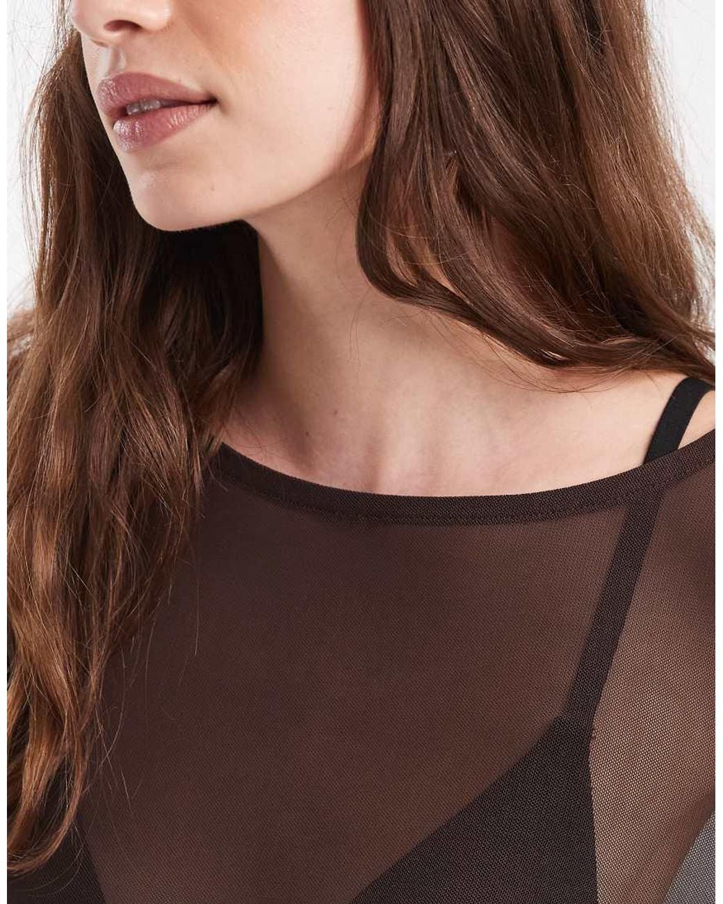 ONLY Brown Crew Neck Long Sleeve Mesh Top
